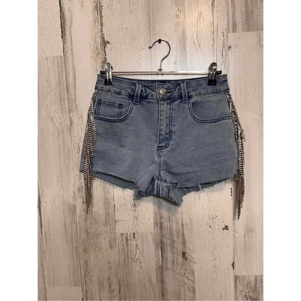 Forever 21 Rhinestone Fringe High-Rise Denim Shorts Size 26